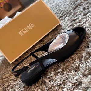 Michael Kors Black Leather Slingback Loafer Flat with Patent Toe